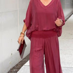 ESMERALDA chiffon set: burgundy V-neck blouse and wide-leg pants