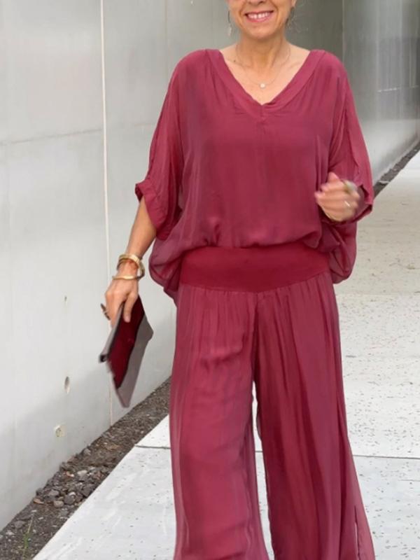ESMERALDA chiffon set: burgundy V-neck blouse and wide-leg pants