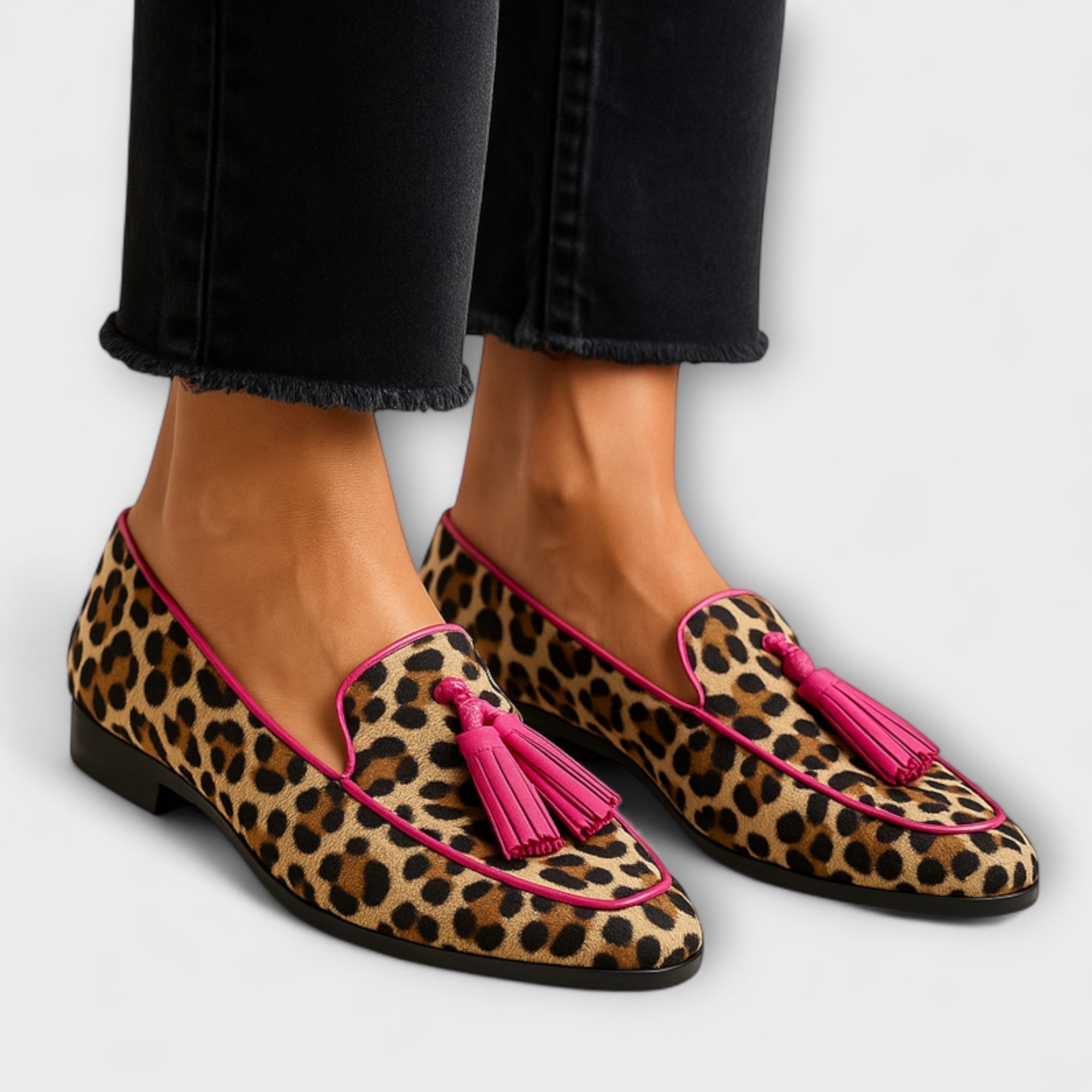 Leopard-print moccasin shoes with pink tassels, rounded toe, low sole