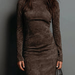 Brown midi dress close-up: turtleneck, long sleeves, paneled fitted suede-look