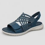 Orthopedic sandal in blue with open toe, woven upper straps, and padded footbed.