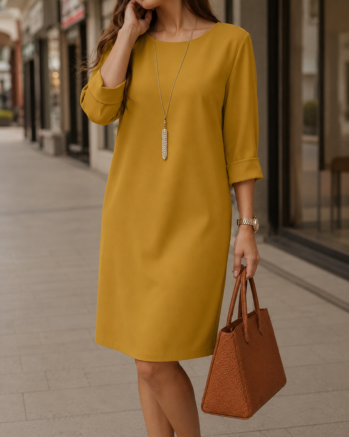 Mustard midi shift dress with 3/4 sleeves and round neckline