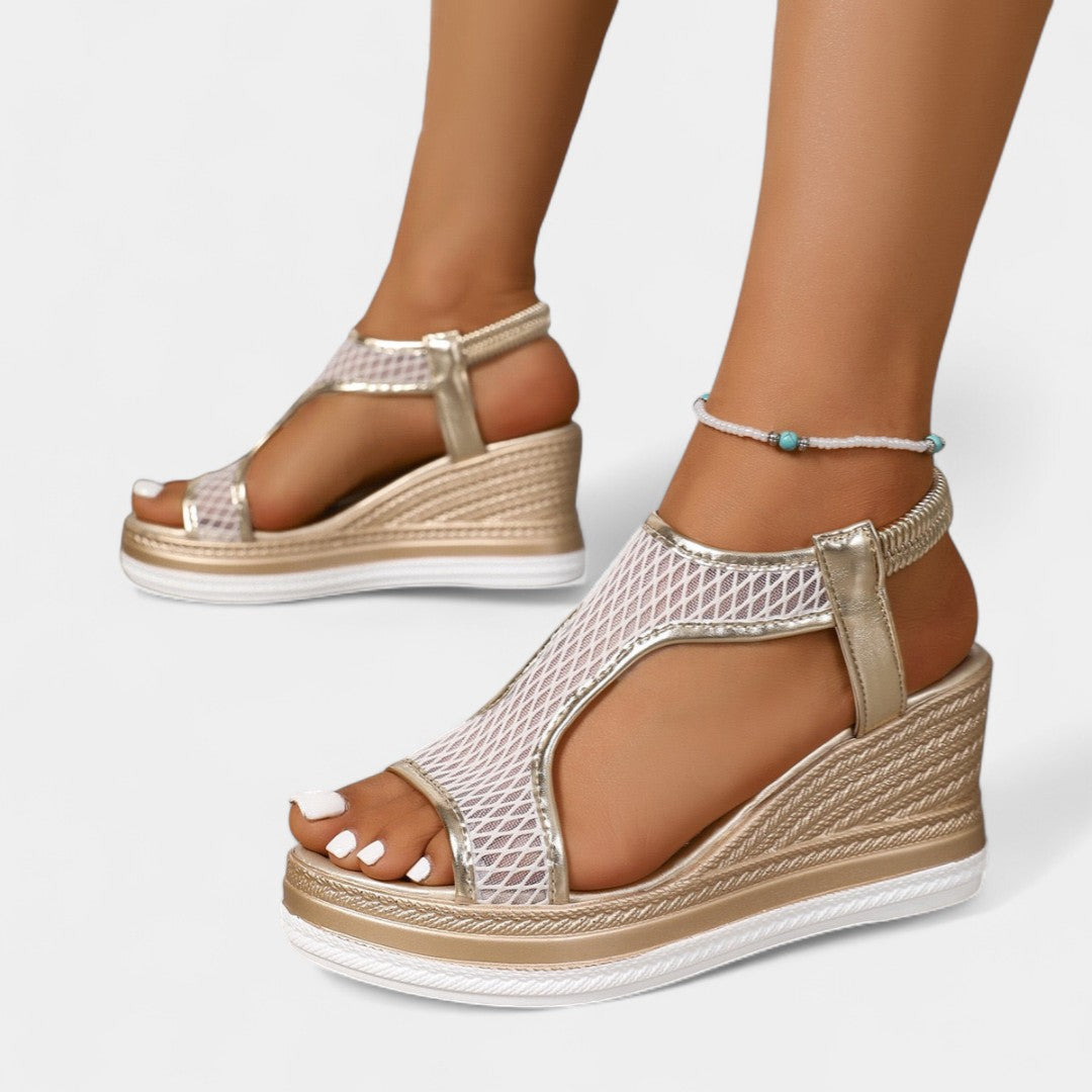 Women’s orthopedic platform sandals, beige mesh with gold straps, open toe, ankle strap