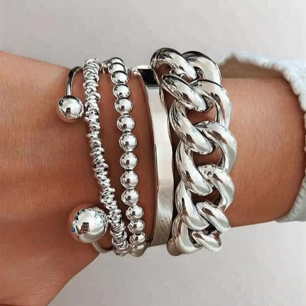 Silver-tone overlapping bracelet set with beaded rows and chunky chain links (5 pieces)