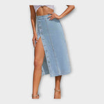 Light blue denim maxi skirt with front buttons and side slit detail