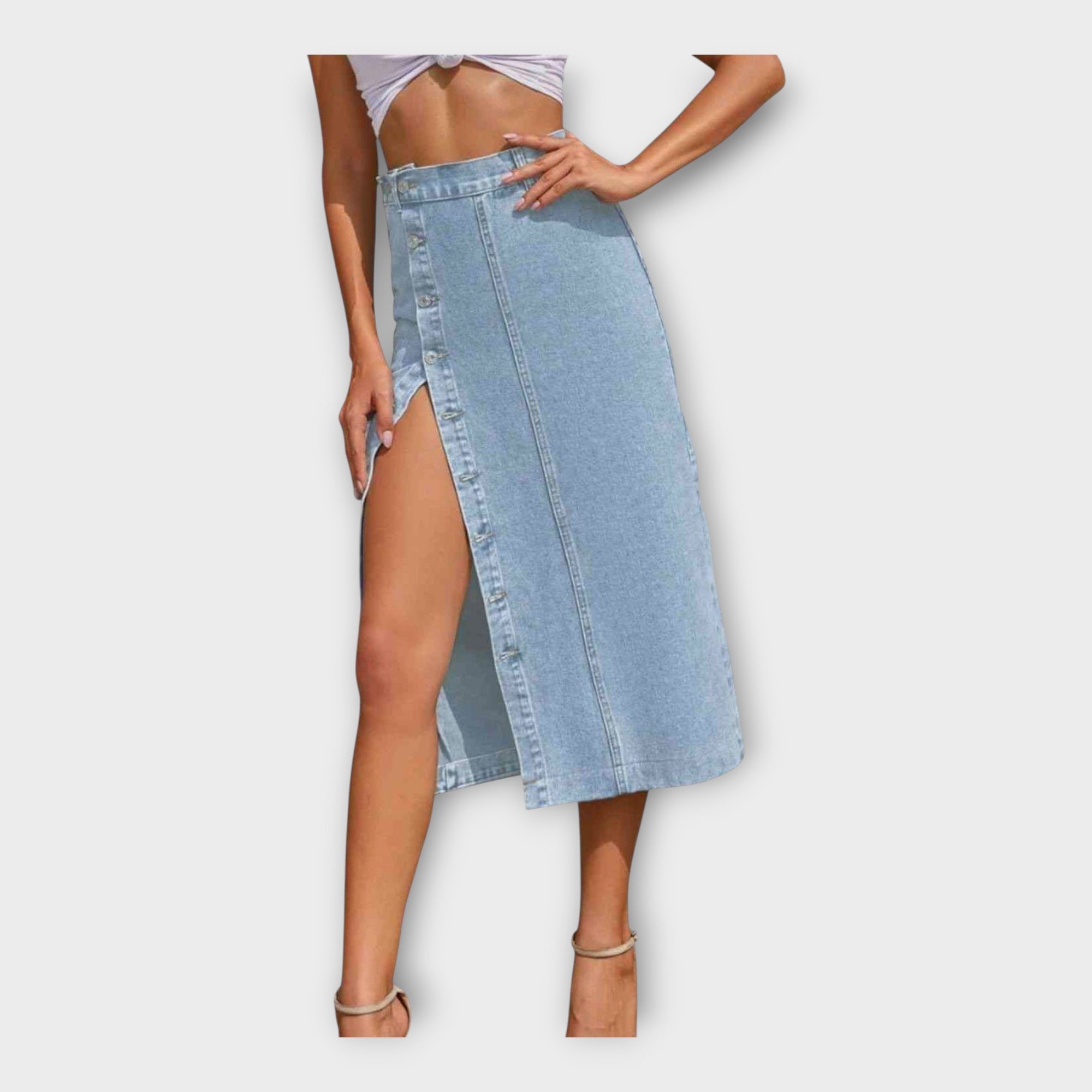 Light blue denim maxi skirt with front buttons and side slit detail