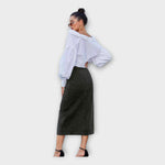 Black denim maxi skirt with front buttons and straight, long hem
