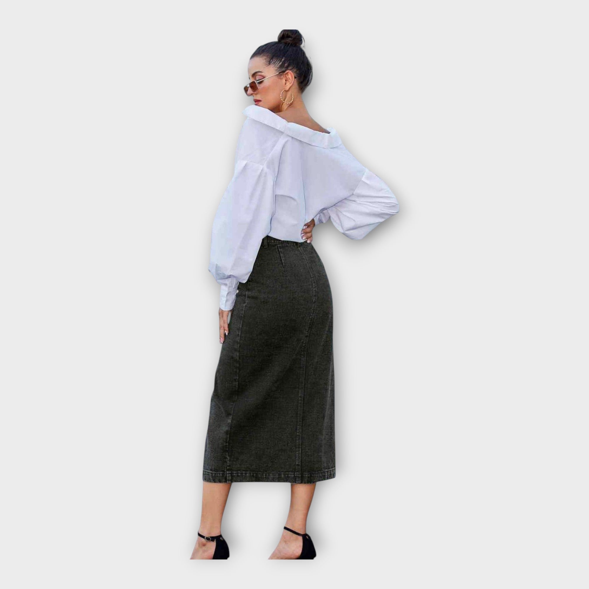 Black denim maxi skirt with front buttons and straight, long hem