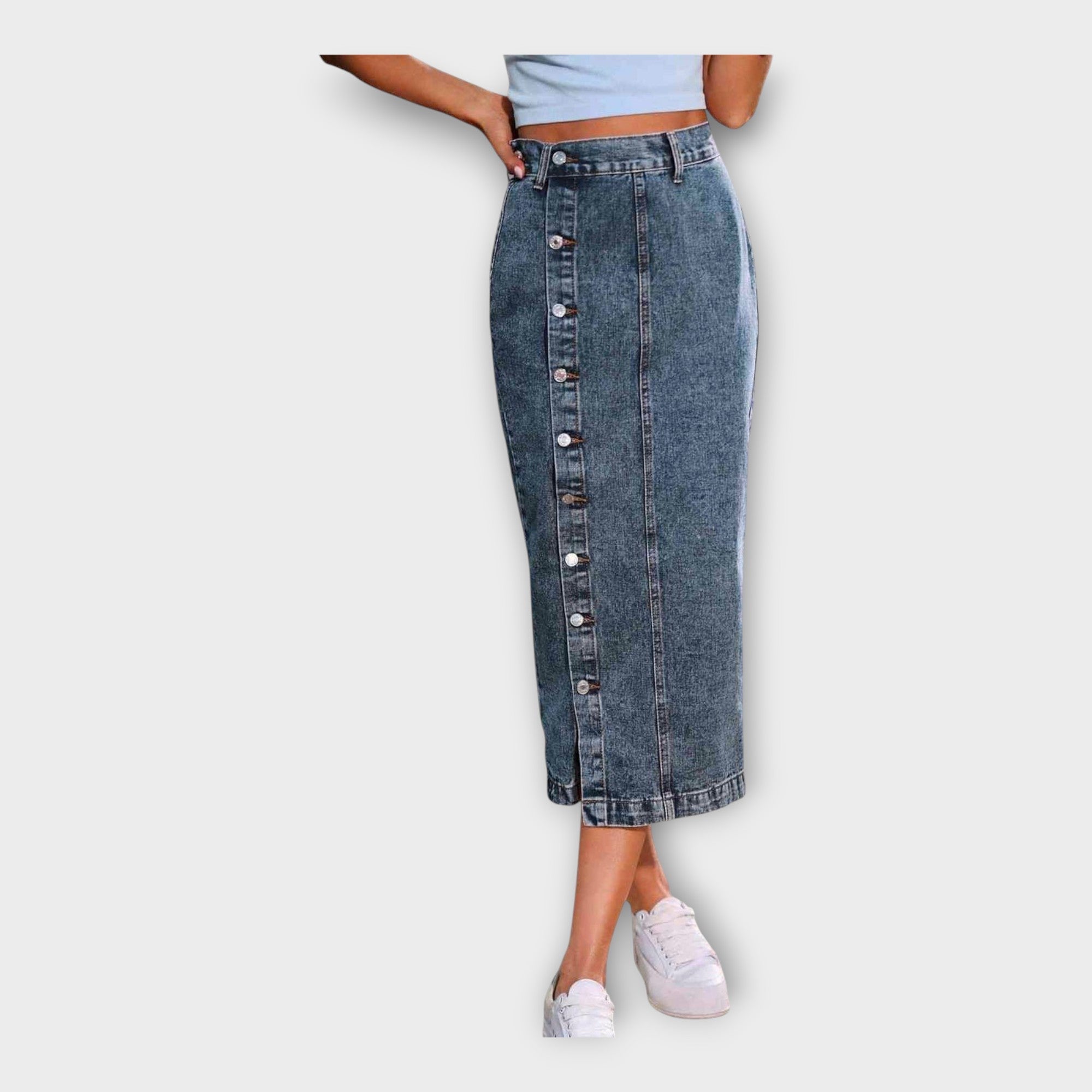 Blue denim maxi skirt with front buttons and center seam detail