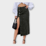 Black denim maxi skirt with front button placket and high side slit
