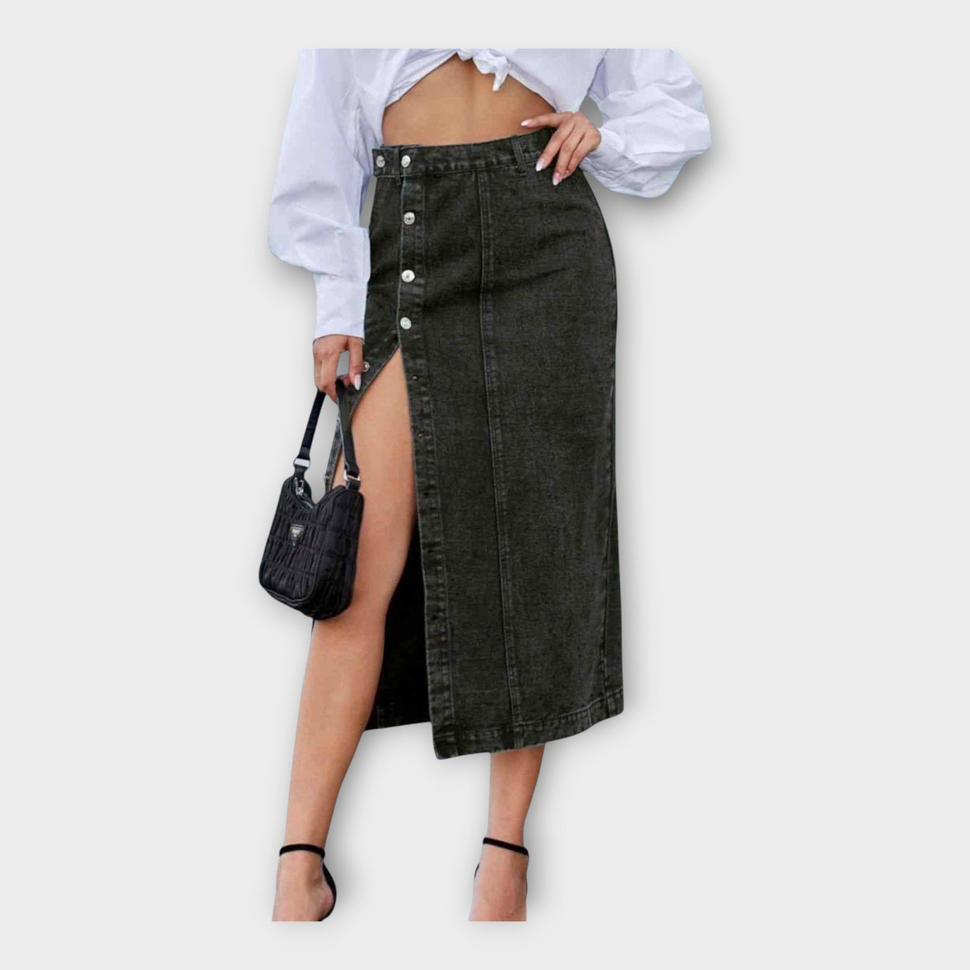Black denim maxi skirt with front button placket and high side slit