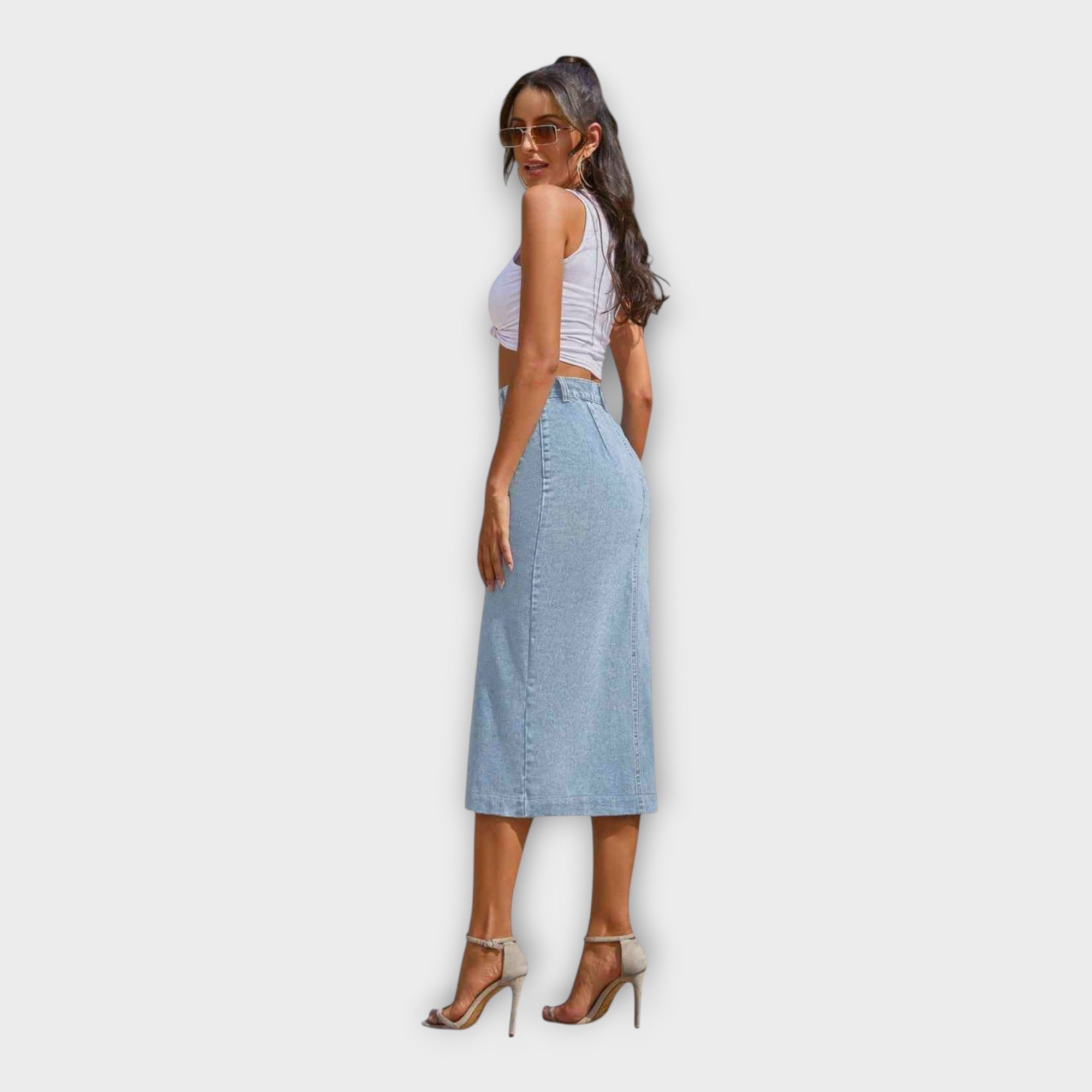 Light blue denim maxi skirt with button front and straight hem