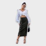 Black denim maxi skirt with front button placket and side slit