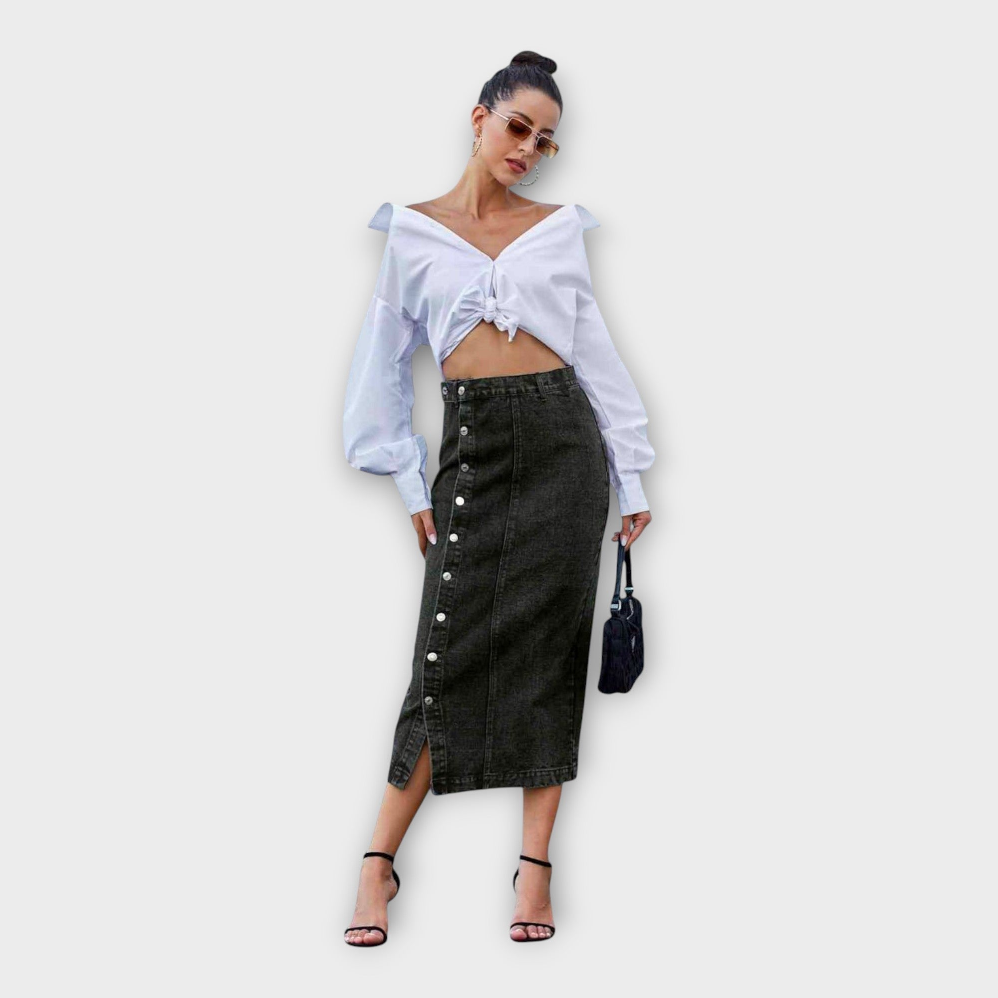 Black denim maxi skirt with front button placket and side slit