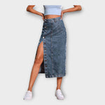 Blue denim maxi skirt with front buttons and side slit