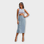 Light blue denim maxi skirt with front button placket and side slit