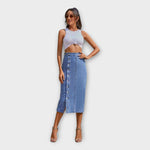Denim maxi skirt with button-front and side slit, light blue wash