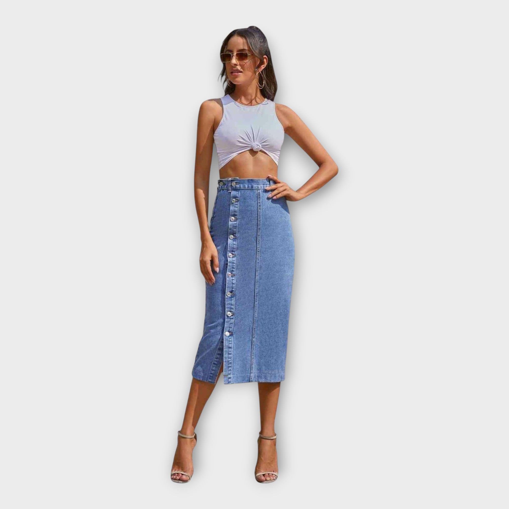 Denim maxi skirt with button-front and side slit, light blue wash
