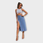 Light blue denim maxi skirt with front buttons and long side slit, A-line fit