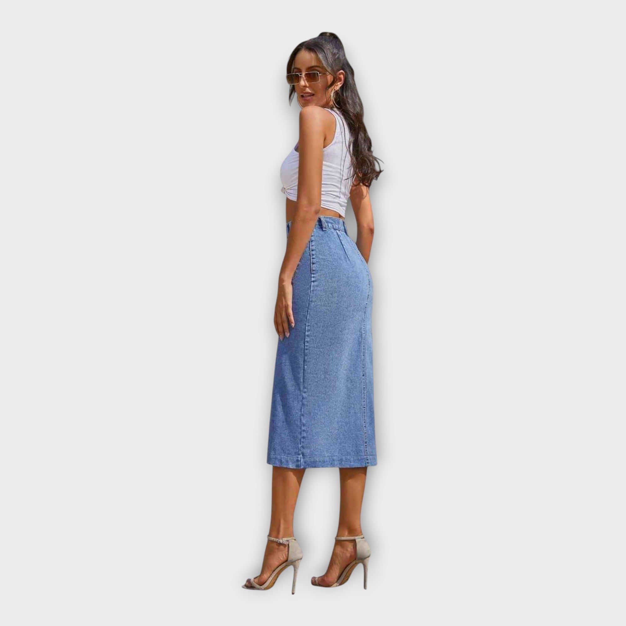 Light blue denim maxi skirt with button-front and front slit detail