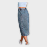 Blue denim maxi skirt with front button placket and straight hem