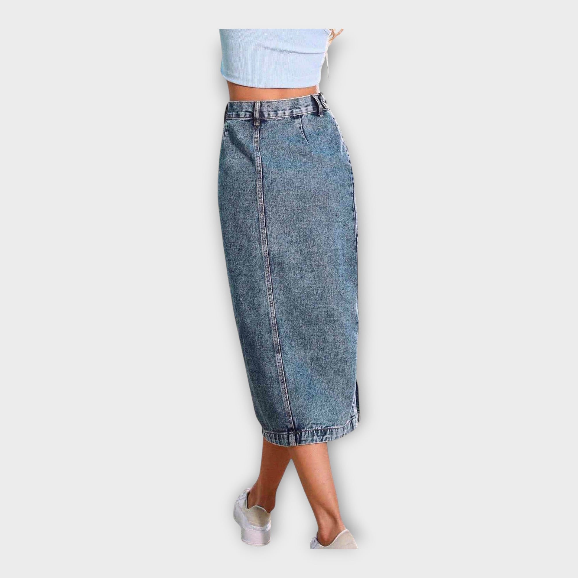 Blue denim maxi skirt with front button placket and straight hem