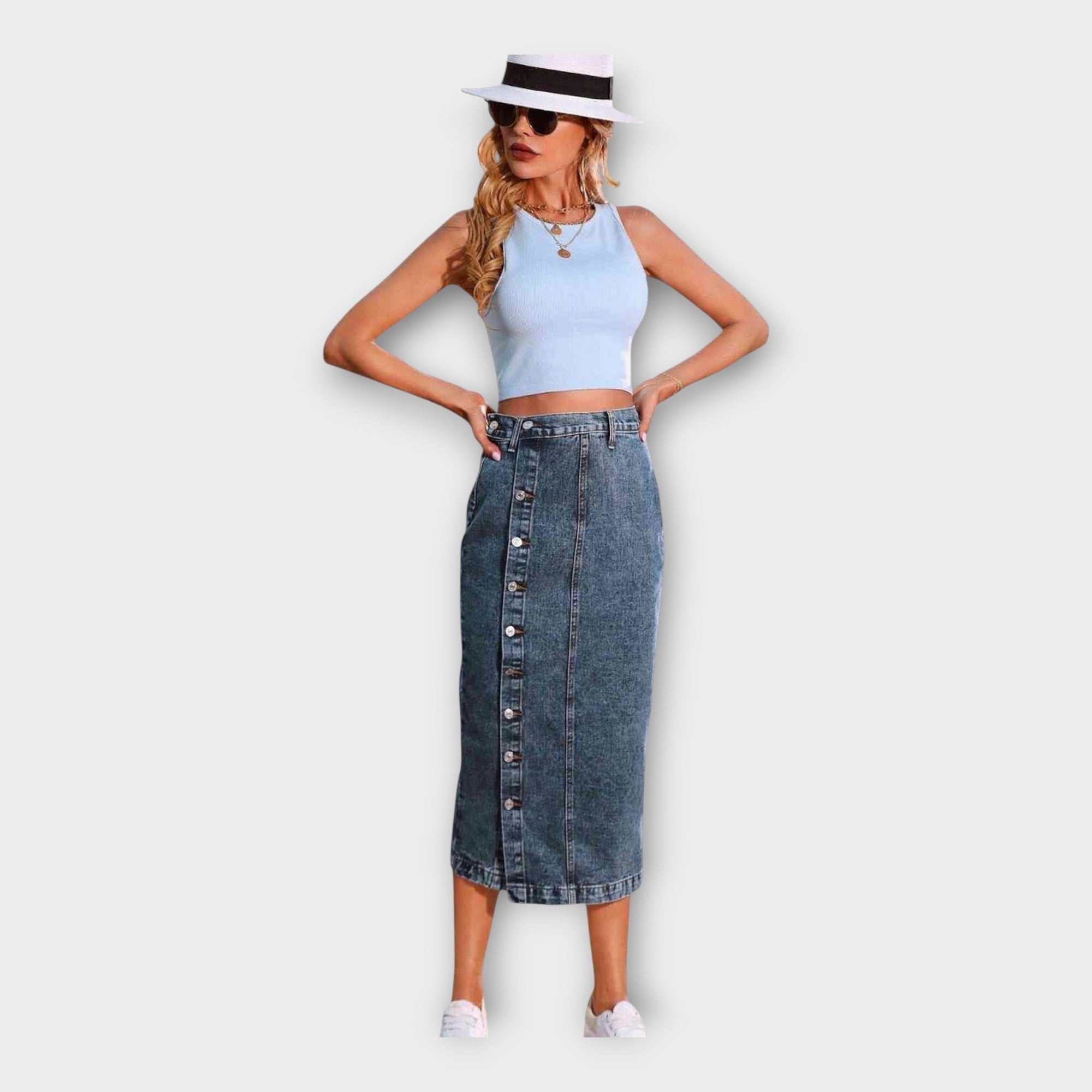 Blue denim maxi skirt with vertical button front and straight hem