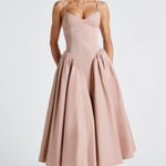 Women’s blush midi dress with fitted bodice and full gathered skirt