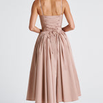 Women’s blush midi dress with thin straps and full gathered skirt, back view