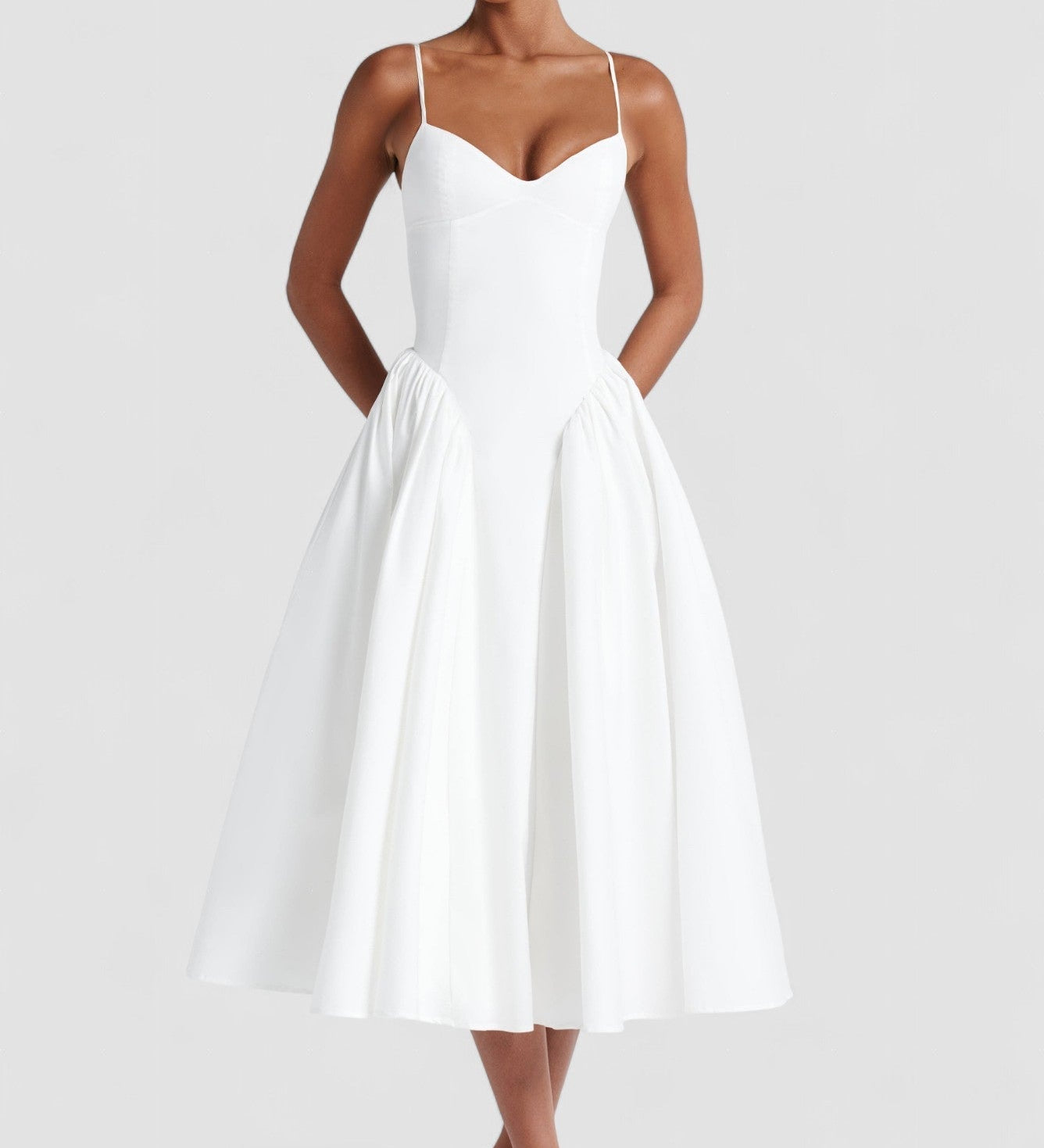 Women’s white midi dress with fitted bodice and full gathered skirt