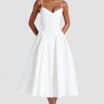 Women’s white midi dress with fitted bodice and full gathered skirt