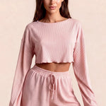 Women’s pajama set with long-sleeve cropped top and elastic-waist drawstring shorts, rose