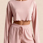Women’s rose pajama set: long-sleeve cropped top with matching elastic-waist drawstring shorts