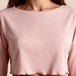 Women’s rose pajama set cropped long-sleeve top with vertical ribbed texture, matching shorts