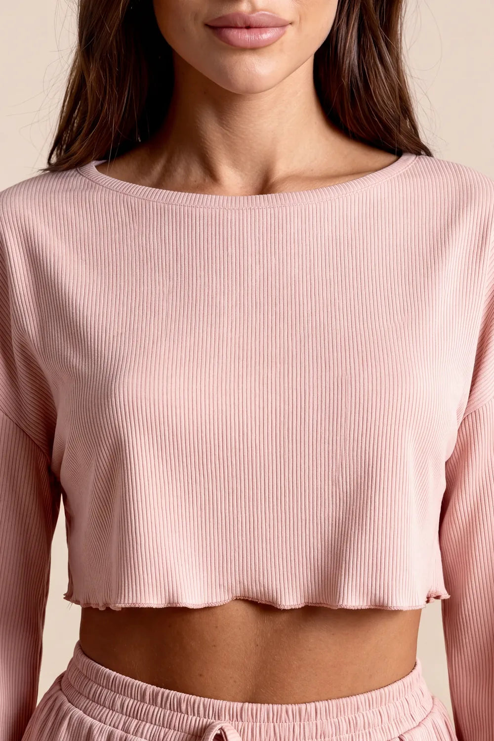 Women’s rose pajama set cropped long-sleeve top with vertical ribbed texture, matching shorts