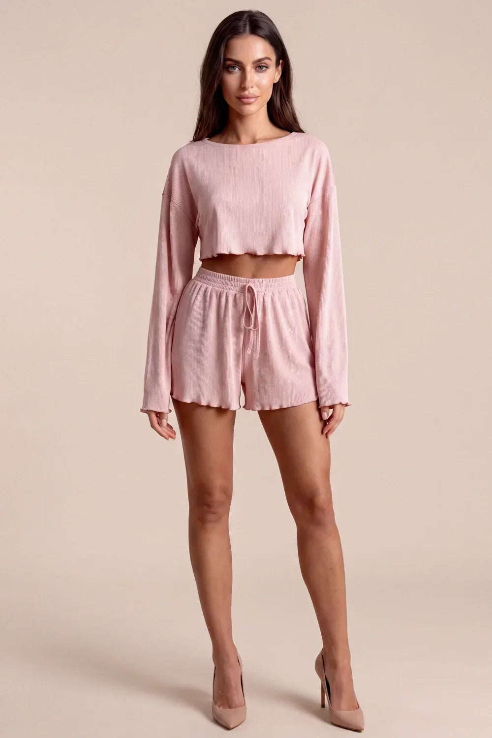 Women’s rose pajama set: long-sleeve cropped top and short elastic-waist drawstring bottom