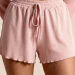 Rose pajama shorts with elastic waistband and adjustable drawstring, ruched seam detail