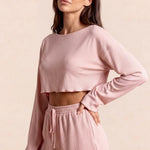 Women’s rose pajama set: long-sleeve cropped top and elastic-waist drawstring shorts