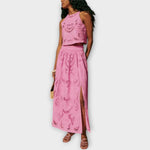 Pink lace sleeveless top and long skirt with high side slit, two-piece set