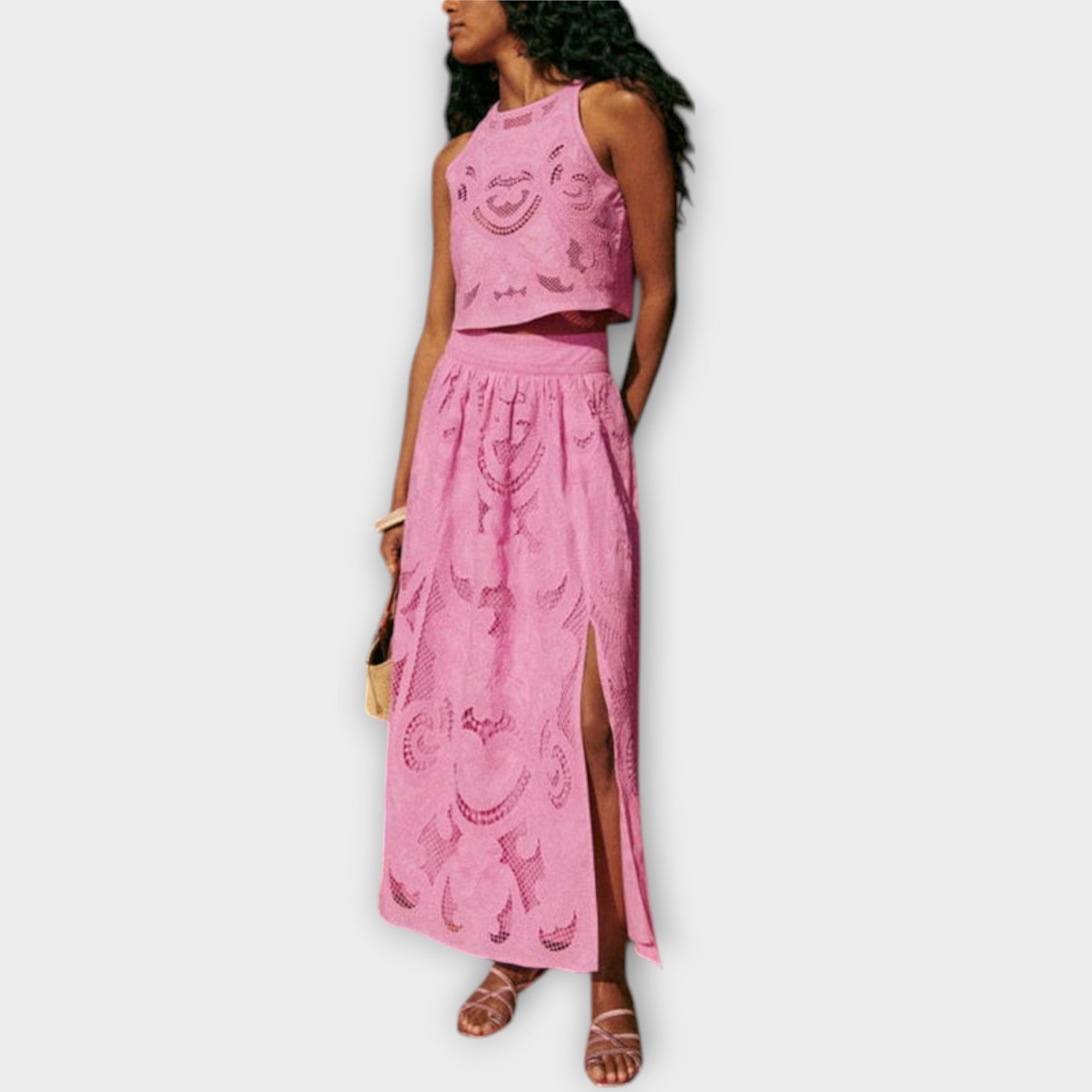 Pink lace sleeveless top and long skirt with high side slit, two-piece set