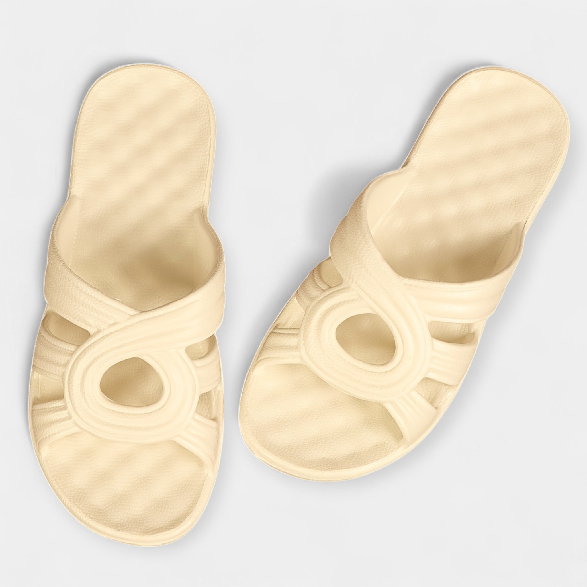 Summer vacation platform sandals, cream slide with circular cutout strap