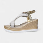 Women's orthopedic platform sandals, metallic silver straps and gold wedge