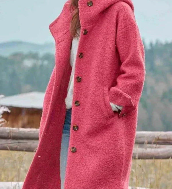 Long pink hooded coat with button front and side pockets