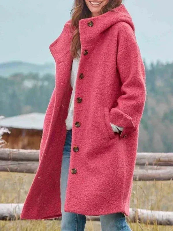 Long pink hooded coat with button front and side pockets