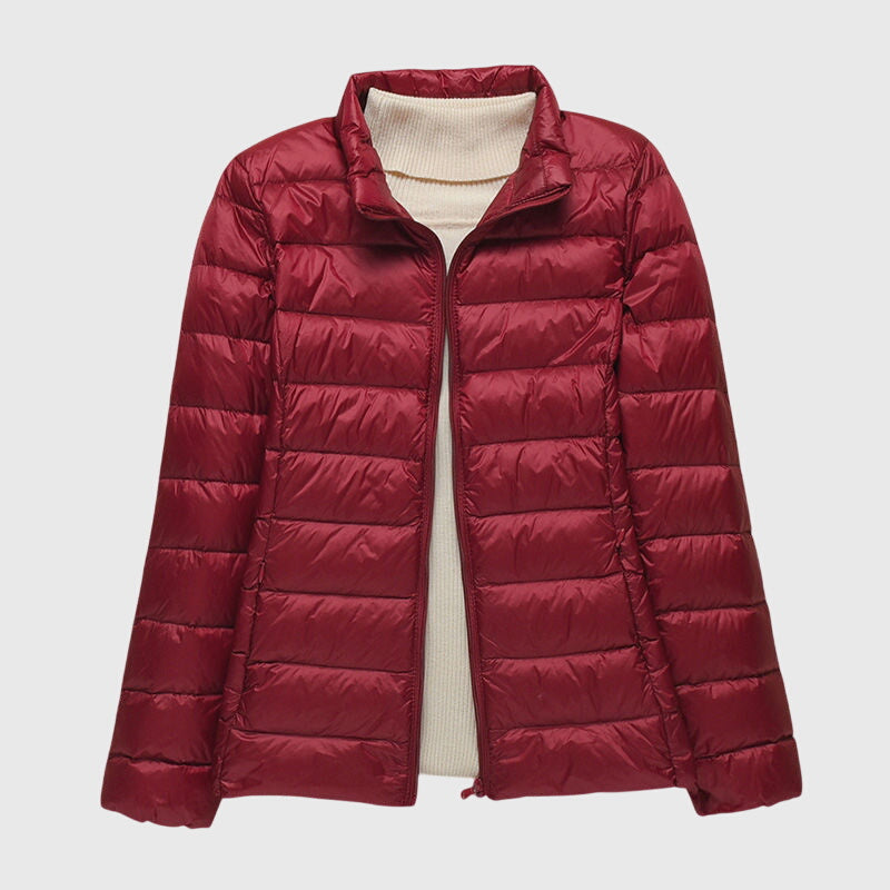 Lightweight puffer jacket, deep red, stand collar, full-zip front and quilted panels
