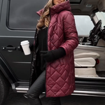 Hooded puffer coat, burgundy maroon, quilted diamonds, zip closure, full side view