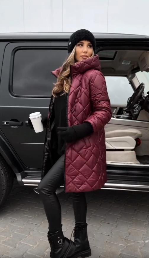 Hooded puffer coat, burgundy maroon, quilted diamonds, zip closure, full side view