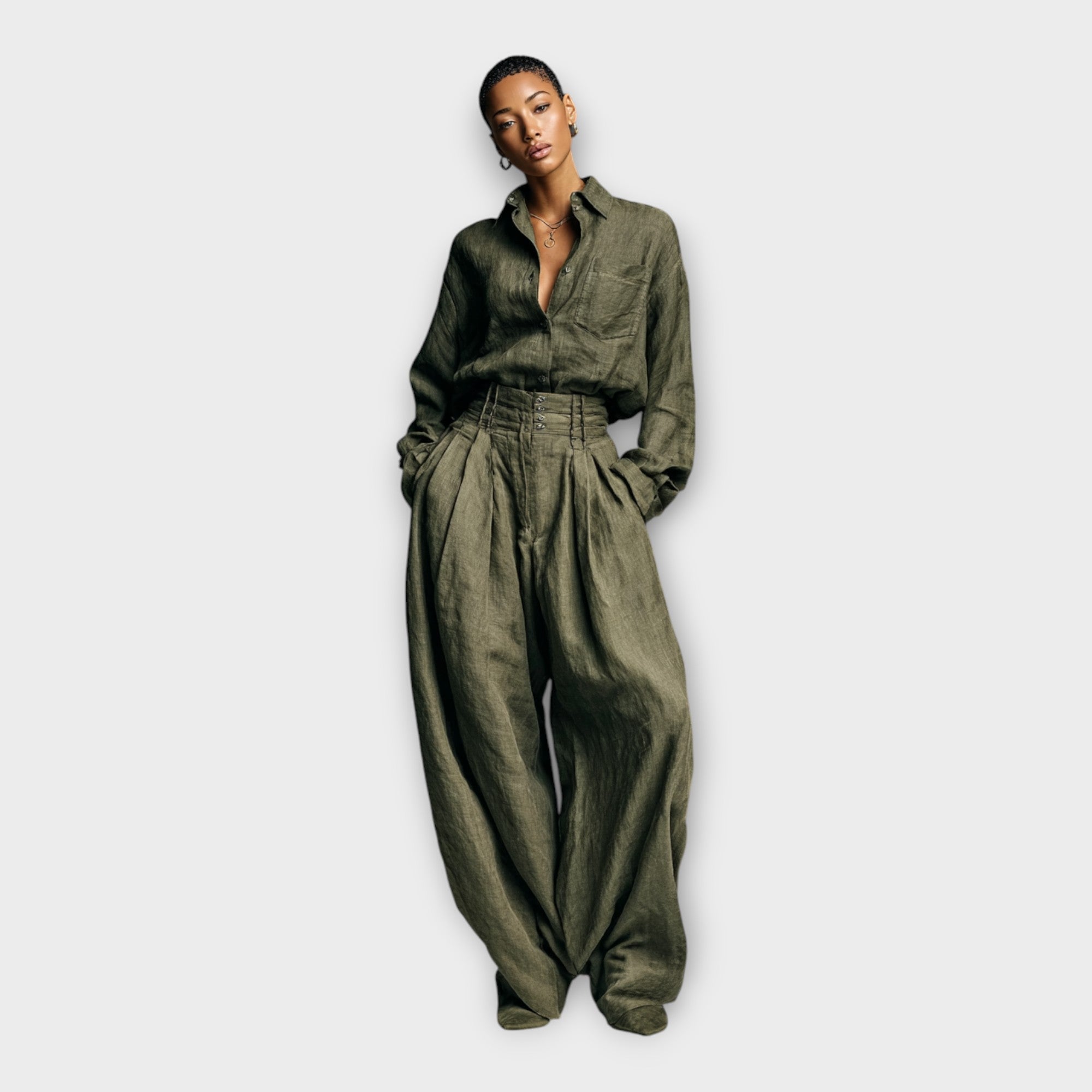 Dark olive green button-up shirt with collar and matching high-waist balloon pants set