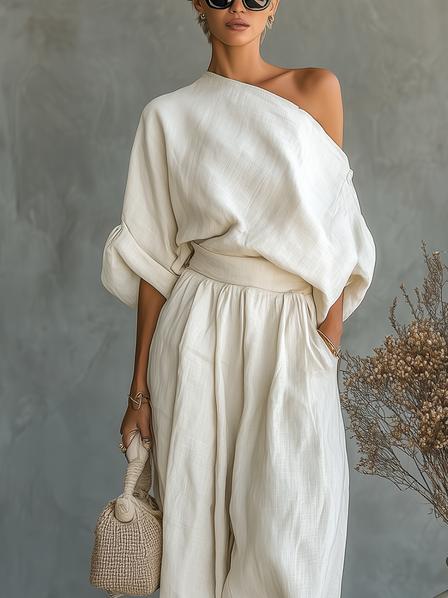 Selene cream off-shoulder blouse with dolman sleeves and pleated balloon pants set
