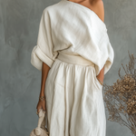 Selene cream off-shoulder blouse with dolman sleeves and pleated balloon pants set